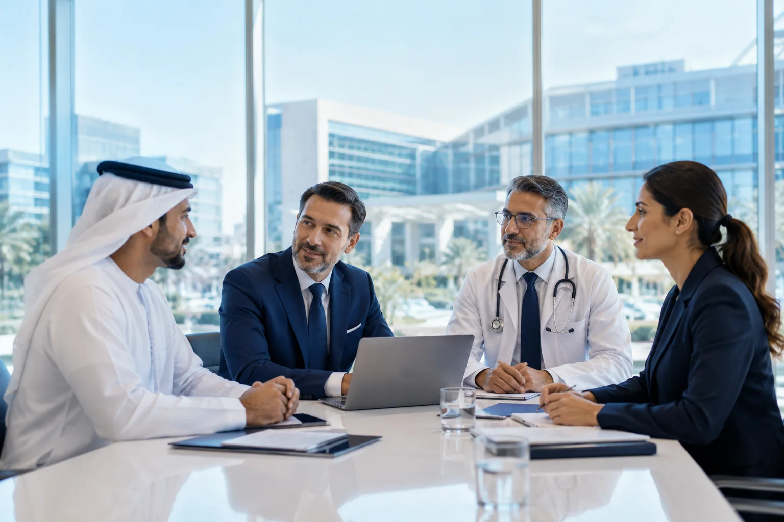 Healthcare leaders and recruitment stakeholders discussing workforce needs in a modern Gulf healthcare setting