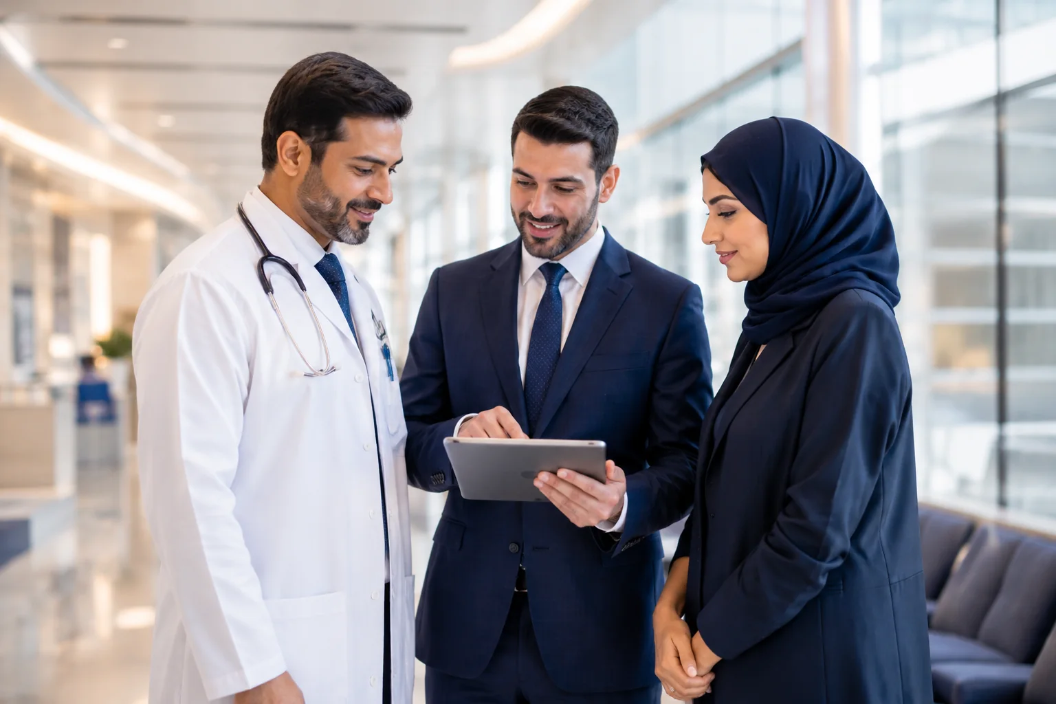 Healthcare recruitment team reviewing a digital workforce brief in a modern medical environment