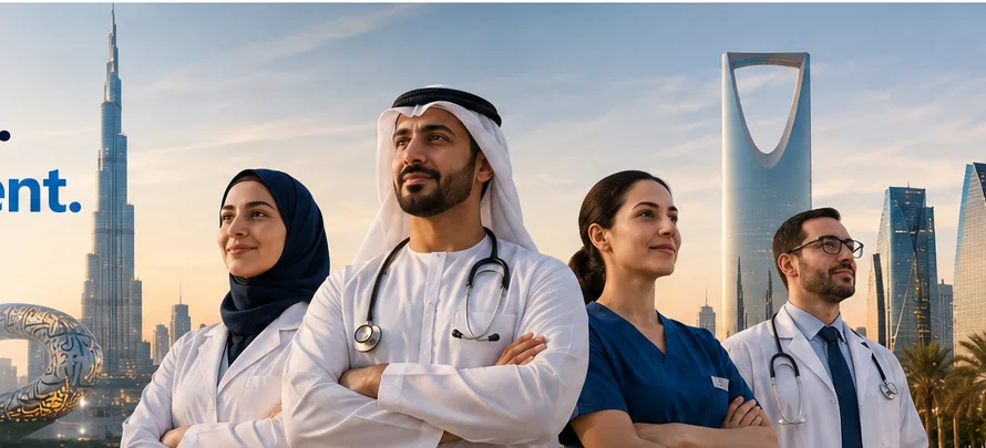 Healthcare professionals with Dubai and Riyadh landmarks representing Kayan's UAE and Saudi Arabia recruitment focus
